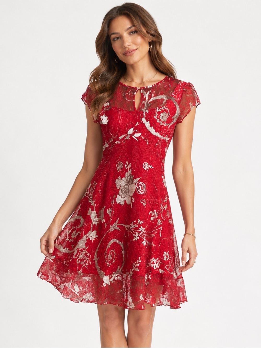 Romantic Feminine Red Floral Lace Cap Sleeve A-Line Dress ( M L XL )